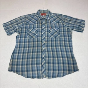 Ely Plains Western Men's L Blue Plaid Pearl Snap Short Sleeve Button Stained - Picture 1 of 12