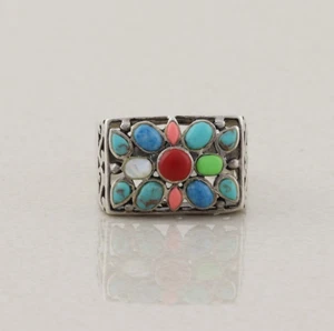 Anillo Plata de Ley Turquesa y Coral y Madreperla Talla 6 3/4 - Imagen 1 de 7
