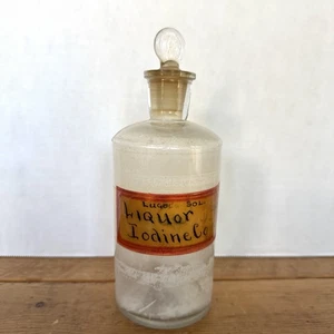 Antique Apothecary Jar Glass Pharmacy Bottle with Stopper Labeled LUGOL’s IODINE - Picture 1 of 13