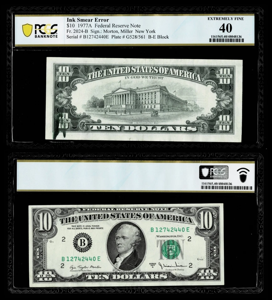 Green Ink Smear on Back Error Fr. 2024-B $10 1977A FR Note. PCGS EF 40 - Image 1 of 1