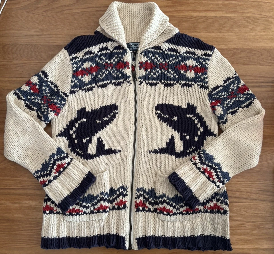 Polo Ralph Lauren Intarsia Zip-Up Cowichan Sweater M Cotton Linen Whale Anchor - Image 1 of 4