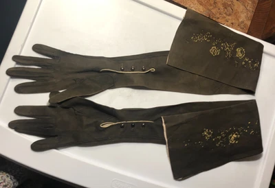 GUANTES FORMALES DE ÓPERA DE NOCHE VINTAGE 27" MUY LARGOS MARRÓN GAMUZA NIÑO CUERO BOTÓN Foto 1 de 4