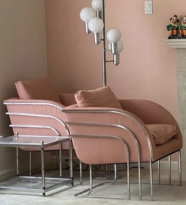 Vintage 70s Era Matched Milo Baughman Chrome Art Deco Club Chairs - Image 1 of 4