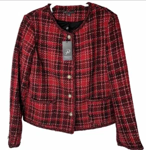 NWT ADRIANNA PAPELL Women’s Red/Black Crew Lined Tweed Jacket AD1S301855 MEDIUM - Picture 1 of 19
