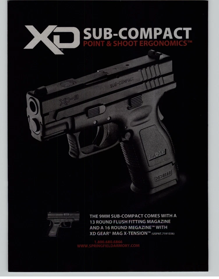 2012 Springfield Armory XD Subcompact 9mm Pistol Magazine Print Ad Promo Art  - Image 1 of 1