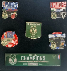 2021 MILWAUKEE BUCKS CHAMPIONS FIVE (5) PIN SET NBA BASKETBALL IN CASE LIMITED - Picture 1 of 1