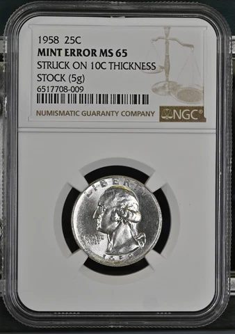 1958 Washington Quarter - NGC MS65 Stuck on 10c Planchet Stock Mint Error Cover