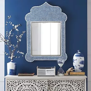 Handmade Bone Inlay Blue Geometric Pattern Wall Mirror Scalloped Crown Design. - Picture 1 of 4