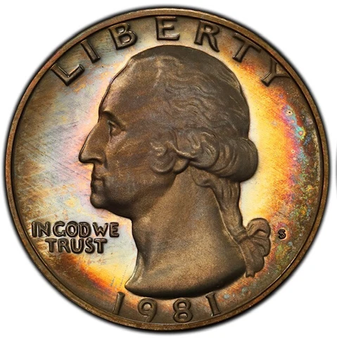 PR69DCAM 1981-S T1 Washington Proof Quarter, PCGS Secure- Vivid Rainbow Toned Cover
