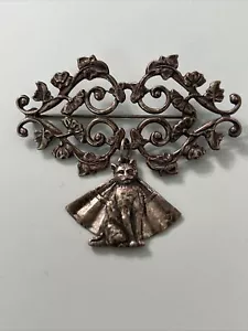 Vintage Silvertone Dangle Cat Charm Brooch Pin - Picture 1 of 2