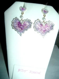 Dangling PINK Crystal DOUBLE HEARTS PEARLS Betsey Johnson Pierced EARRINGS-NWT - Picture 1 of 4
