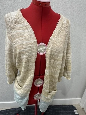 Cárdigan Suéter Tejido Gran Tamaño Tostado Azul Crema Rayas Frente Abierto Manga 3/4 Foto 1 de 4