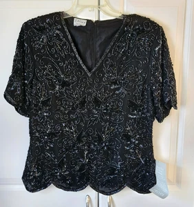 VTG Rare Stenay 100% Silk Beaded Top Blouse Sz XL Black Sequin Handmade NWT - Picture 1 of 8