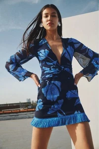 Mini abito blu Patbo $495 fiori da notte con frange e orlo taglia US 2 - Foto 1 di 9
