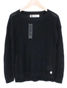 REPLAY Women's Jumper L Ribbed Chunky Crew Pure Linen Sweater Black RRP€149 - Picture 1 of 9
