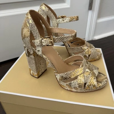 MICHAEL KORS Annaliese Metallic Snake-Embossed Platform Heeled Sandals size 7.5 - Image 1 of 4