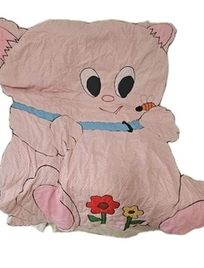 Vintage Handmade Cat Shaped Pink Floral Embroidered Cat Baby Blanket 49" x 36” - Picture 1 of 5