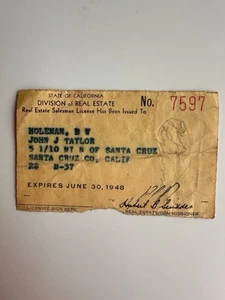 1948 California REAL ESTATE  LICENSE IDENTIFICATION CARD Santa Cruz Vintage - Picture 1 of 2