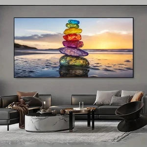 Serene Ocean Scene with Colorful Stones Unframed Canvas Painting for Living - Picture 1 of 6