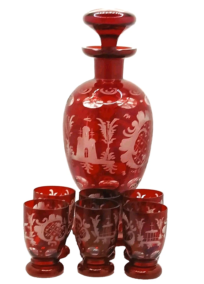 Ruby Cut-to-Clear Czech Bohemian Decanter 6 Glasses - Image 1 of 4