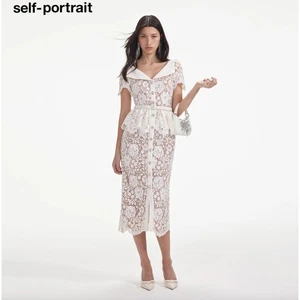 Self Portrait Cream Lace Peplum Midi Dress Wedding Bridal Cocktail US 2 NWT - Picture 1 of 19