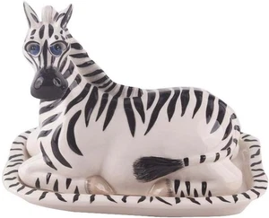 Blue Sky Ceramic Blue Eyed ZEBRA 7.5x4.75x 5.75" Butter Dish Caricature "kitsch" - Picture 1 of 3