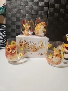 Pier 1 Wine Glasses Goblets Set of 4 Harvest Garden Critters Fox Owl Deer w Box - Picture 1 of 10