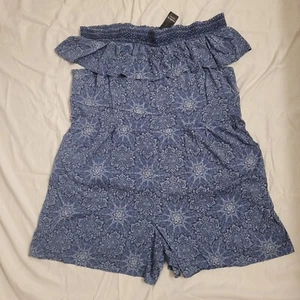 Torrid 4X Off Shoulder Sleeveless Blue White Medallion Challis Romper NWT - Picture 1 of 8