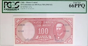 Chile 100 Pesos ND (1960–61) P-127a – PCGS 66 PPQ Gema Nueva – Sobreimpresión Rara - Imagen 1 de 2
