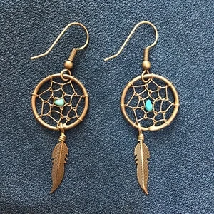 VTG Dreamcatcher Earrings Silvertone Turquoise Southwestern Boho Feather Nature - Picture 1 of 10
