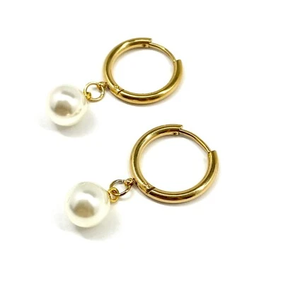 Elegant Woman's Pearl Hoop Earrings 18k Gold Plated Stainless Steel Holiday Gift - Image 1 of 4