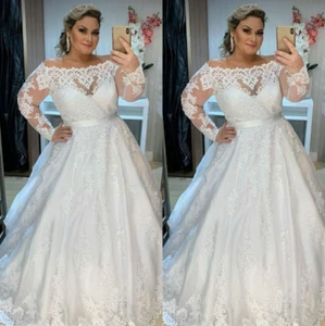 Plus Size Wedding Dresses Off The Shoulder Long Sleeve Lace Applique Bridal Gown - Picture 1 of 14
