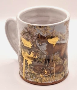 Justin Rothshank Fuchs Blumen Eule Becher weiß mit Gold Studio Kunst Keramik Steingut - Bild 1 von 19