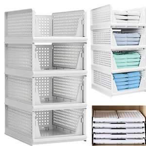 4 Packs Plastic Storage Basket-Foldable Closet Organizers Bins Stackable Drawer - Picture 1 of 15
