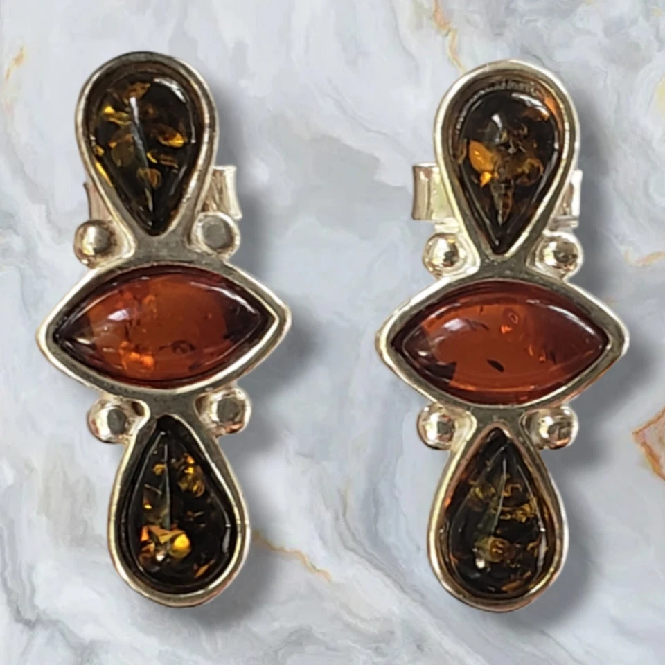 复古琥珀 925 纯银耳环 — 第 1/4 张图片