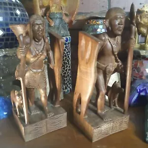 Hand Carved Bookends Wood Native IGOROT Philippines Hunter Man Woman Dog Nice! - Picture 1 of 22