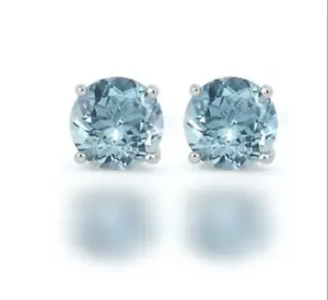 Round Natural Aquamarine Stud Earrings 5 mm Sterling Silver White Gold over - Picture 1 of 5