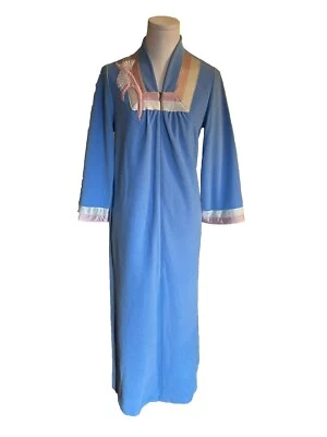 Винтажный 70-х Vanity Fair бархата молнии спереди халат пальто синий/розовый XS миниатюрный - Изображение 1 из 4