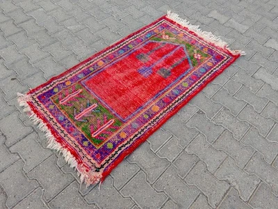 Vintage Turkish Small Rug 4.9x2.6 ft | Red Prayer Motif, Colorful Anatolian - Image 1 of 4