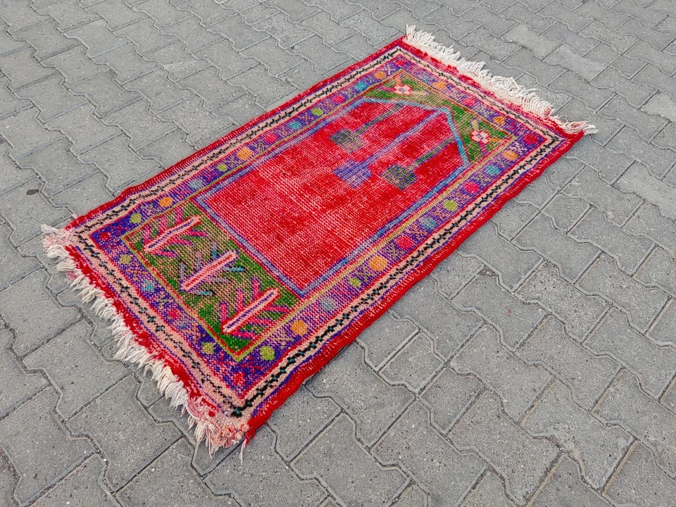 Vintage Turkish Small Rug 4.9x2.6 ft | Red Prayer Motif, Colorful Anatolian - Image 1 of 4