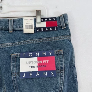 Vintage Tommy Hilfiger Jeans Mens 40x34 (40x28) Blue Flag Patch Logo Baggy Y2K - Picture 1 of 13
