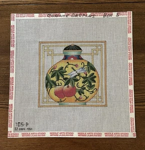 Handpainted Needlepoint Canvas Ginger Jar Fruit Peach Dragonfly 18 Count 5” - Picture 1 of 10