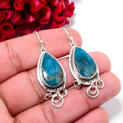 Brinco de prata esterlina 925 feito à mão azul neon apatita - Bahia Mines 1,83" E0236 - Imagem 1 de 4