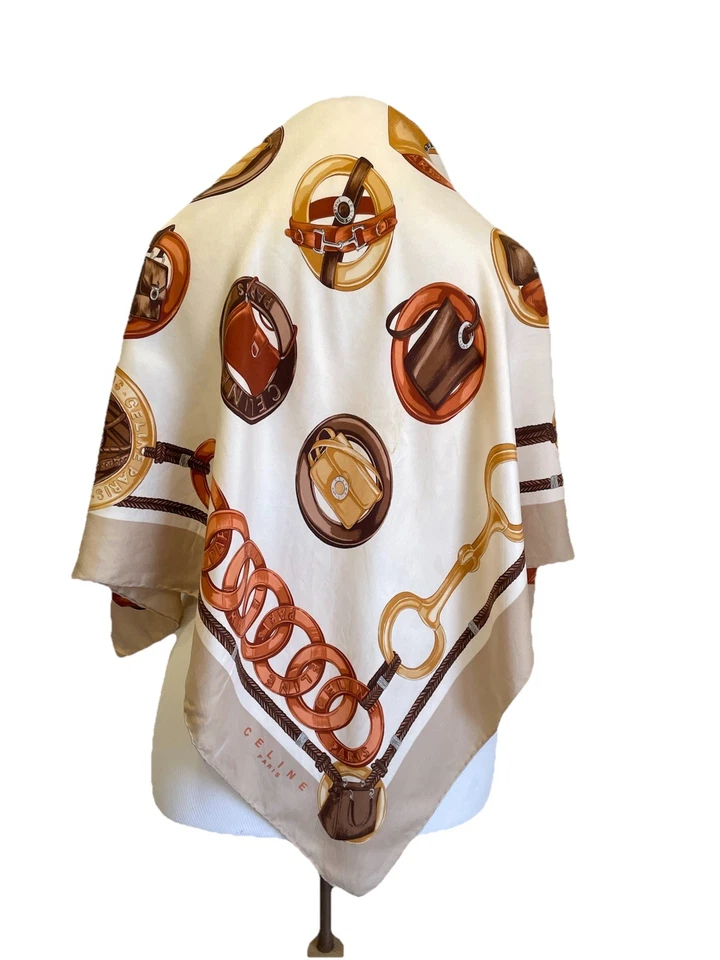 AS9#CELINE Paris 100% Seda Bufanda Vintage Bolso Ecuestre Estampado Beige Marrón Cuadrado Foto 1 de 4