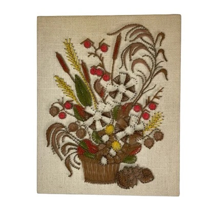 VTG 1970s String Nail Art Floral Basket BOHO MCM Wall Hanging 16"x20 PROJECT! - Image 1 of 4