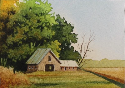 Laytonfield 39, Farm Landscape, ACEO Original, Watercolor, 2.5x3.5, Signed - Image 1 of 3