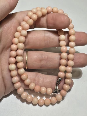 Vintage Dainty 6mm Carved Angel Skin Pink Coral Beads 17.5" Choker 25g Necklace - Image 1 of 4