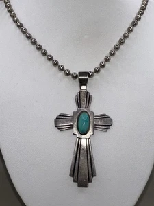 J.Arviso Oval Turquoise Set Cross Pendant And Silver Bead Necklace 24in (35g) - Picture 1 of 11
