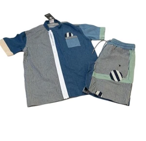 Daily Paper Streetwear Denim Patchwork Embroidered Shirt Shorts Set Size Medium - Picture 1 of 10