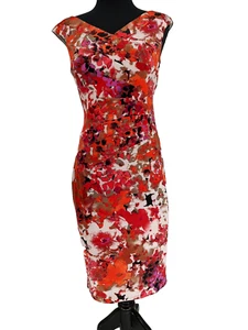 Jax Woman's Orange Floral Sheath Dress Size 6 Back Zip & Slit Pleats Office Sexy - Picture 1 of 12